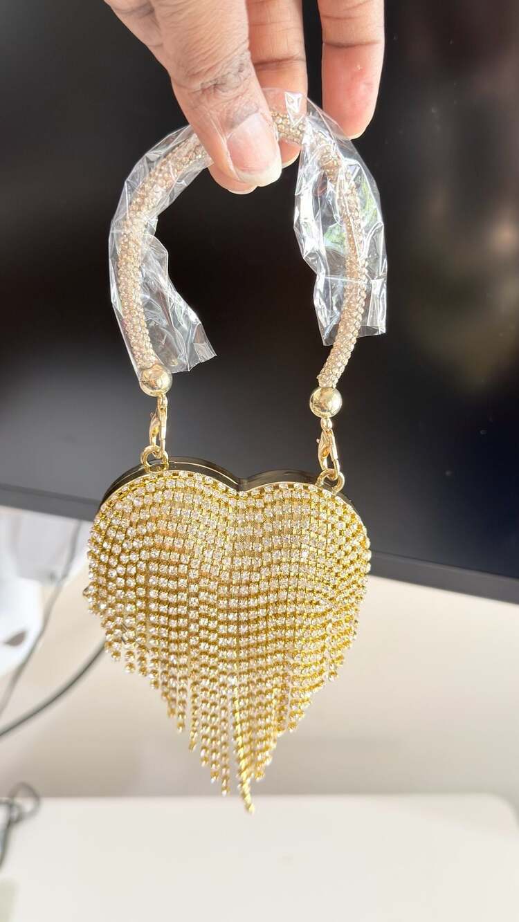 Gold Rhinestone Heart-Shaped Evening Clutch with Fringe Tassel